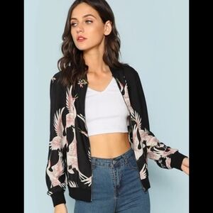 Beautiful Crane & Floral Light Bomber Zip Jacket